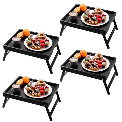 Fibogollo 4 Pack Bamboo Bed Tray Table with Folding Legs,Breakfast Trays,Serving Tray,Laptop Trays for Working,Food Snack Tray for Bed and Sofa(Black) - color: Black, size: 4 PC