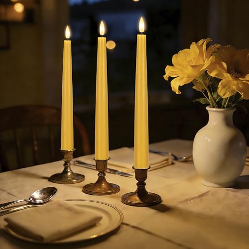 Yellow Flameless Taper Candles with Remote, 9.6 Inches Real Wax Battery Operated Candles, 3 Pack Flickering LED Candlesticks, Tall Taper Fake Candles for Home, Wedding, Party - color: Yellow