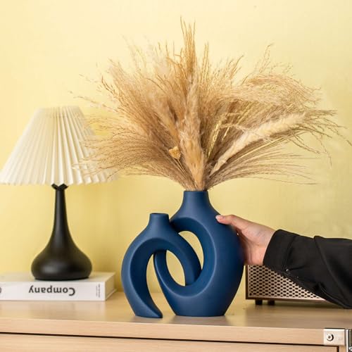 Lvases Snuggle Hollow Ceramic Vase Set of 2, Nordic Modern Boho ins Style Ceramic Aesthetic Flower Vases for Home Decor Living Room Coffee Table Decorative (Matte Navy Blue W 6.3" X H 8.4") - color: Large Navy Blue