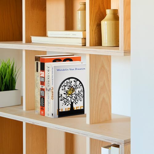 Book Ends, Metal Bookend, Tree of Life Bookend for Shelves, Home Decorative Bookends for Heavy Books, Black Non-Skid Book Stopper, 7 x 5.5 x 3.5 inch (1 Pair)