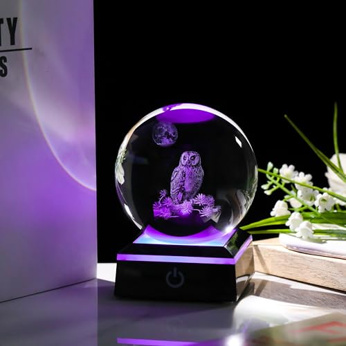 Qianwei Owl Gifts for Women 3D Crystal Ball 3.14'' - Laser Owl Decor Glass Animals Bird Figurines Statue Stuff for Room Decorations Bird Night Light - style: Owl