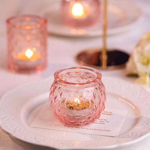 DARJEN Pink Votive Candle Holders Set of 24- Round Glass Candle Holders Bulk for Flameless LED Tea Waxes, Romantic Candle Holder for Wedding & Various Parties, Home Table Decor - color: Pink, size: 24 Pcs