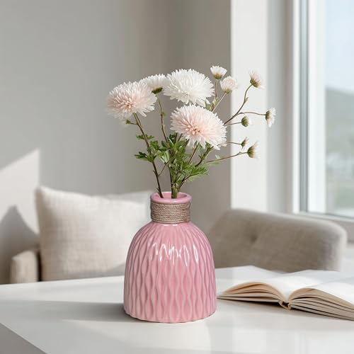 Pink Vase 6 Inch - Small Ceramic Vases for Flowers, Cute Modern Vases for Home Decor, Centerpieces, Bedroom, Desk, Bedroom, Living Room, Office, Bathroom Decor - color: Pink