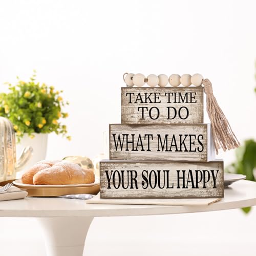 Yuntau 4 Pcs Farmhouse Tabletop Decoration Inspirational Farmhouse Tiered Tray Decor Rustic Retro Wood Bead Garland Take Time to Do What Makes Your Soul Happy Block Centerpiece Sign for Home Shelf - style: Inspirational