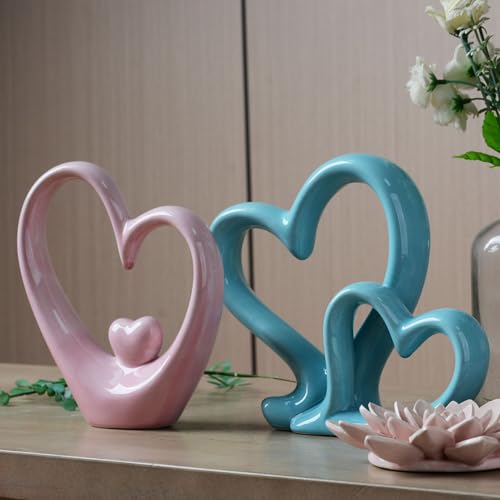 HAUCOZE Double Heart Statue Figurine Love Gifts Decor Modern Sculpture Bookshelf Arts Table Centerpiece Statue Ceramic Crafts 9.5 inch