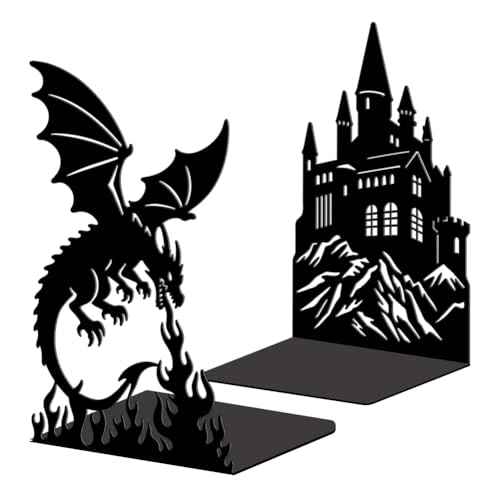 Peacoblue Metal Bookends for Shelves, Modern Decorative Heavy Duty Study Book Ends Stoppers for Office Desk Shelf Room 5.3"x4.3"x7.9" Cast Iron Bookends 1 Pair (Fire Breathing Dragon Castle) - style: Fire Breathing Dragon Castle