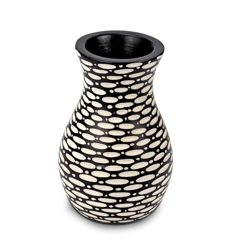 AeraVida Intricate Etched Ovals Mango Wood Vase Dark Brown 6-Inch Handmade Tabletop Flower Holder for Dried or Silk Flowers Rustic Modern Decor Accent for Living Room or Office