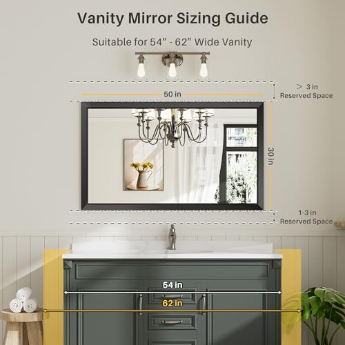 Briivue 50x30 Inch Black Bathroom Mirror for Wall, Thick Metal Framed Rectangle Mirrors for Over Sink, Bedroom, Living Room, Entryway, Anti-Rust, HD Tempered Glass - color: Black, size: 50"L x 30"W