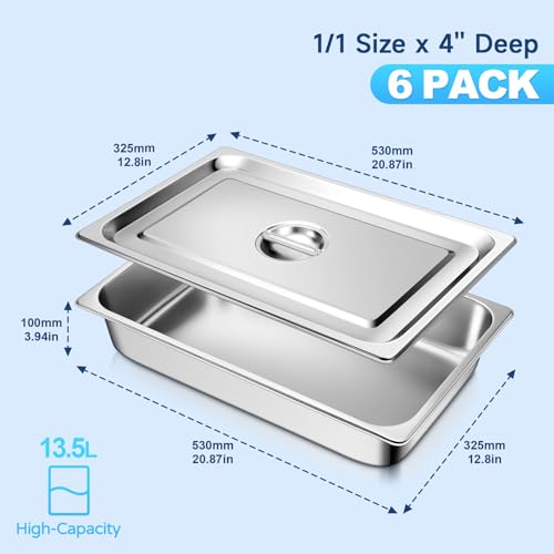 Hotel Pan with Lids 6 Pack Full Size 4" Deep Stainless Steel Steam Table Pan, Commercial Food Pans for Catering Buffet Chafing Dish Pans Metal Steam Tray (1/1 Full Size x 4 Inch Deep, 6 Pack) - color: Full Size, size: 4" Deep