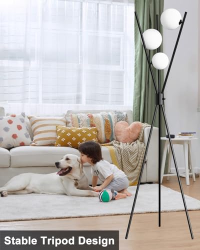 3 Globe Dimmable Tripod Floor Lamp, Mid Century Standing Lamps with 3Pcs 3000K Bulbs Included, Modern Tall Lamp for Living Room Bedroom Office-Black - color: 3 Globe-Black