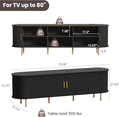 DHH 70.8 Inch Mid Century Modern TV Stand with Power Outlet for TVs up to 80 Inch, Entertainment Center with Storage and Adjustable Shelves, Media Console with Sliding Doors for Living Room, Black - color: Black, size: 71 Inch