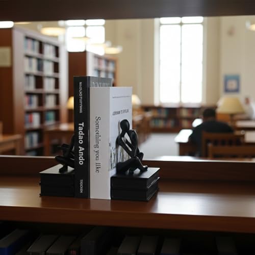 Abstract Resin Reader Bookends Set of 2,Modern Decorative Book Ends for Shelves,Unique Book Shelf Accents & Coffee Table Decor,Reading Bookend Statue for Home Office Library (Black, Thinker Bookends) - color: Black