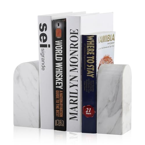 Koville Luxury Greek Marble Bookends for Shelves, Decorative Book Ends, 7lbs Heavy-Duty Marble Book Holders, Bookshelf Apartment Decor for Normal Books/CD/Video Games(Volakas) - color: White-volakas, size: 7lb