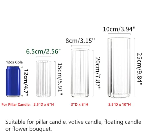 Hewory Glass Cylinder Ribbed Vases Set of 6, Tall Clear Vase for Centerpieces, Hurricane Candle Holders for Pillar or Floating Candles, Round Vases for Wedding Anniversary Events Home Table Decor