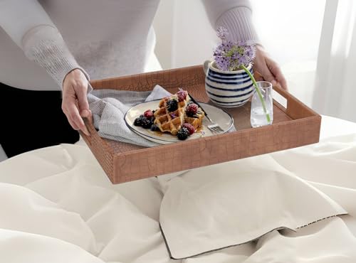 HofferRuffer Rectangle Serving Tray with Hole Handles for Coffee Table, Breakfast, Tea, Food, Butler - Countertop, Kitchen, Vanity Serve Tray, 16.2 x 12.2 x 2 inches, Faux Leather (Antique Brown) - color: Antique Brown, size: 16.2" x 12.2" x 2"