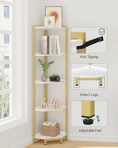 Hzuaneri Corner Shelf Stand, Corner Bookshelf, Storage Standing Shelf Unit with Metal Frame, Plant Stand, Bookcase for Living Room, Home Office, Bedroom, 5-Tier White Gold CS05903A - color: White Gold, size: 5 Tier