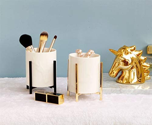 Gold Pencil Cup Sturdy Metal Frame With White Ceramic Pen Holder For Desks and kitchen Appliance Holders - color: White gold, size: H 4.8''
