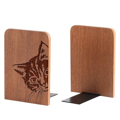 Cat Bookends, Cat Lover Gifts for Women Men, Novelty Book Ends Unique, Heavy Duty Wooden Bookends for Shelves Decorative(1 Pair, 4.72x6.69 Inches) - Peek - color: Peek