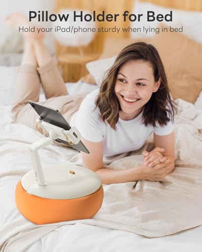 SAIJI Tablet Pillow Stand, Kindle Holder Compatible with 4.7-15.6” Kindle, Phone, Portable Monitor, 360° Adjustable Tablet Stand for Bed with Flexible Dual Axis Arm&Microbead Cushion (Orange) - color: Orange