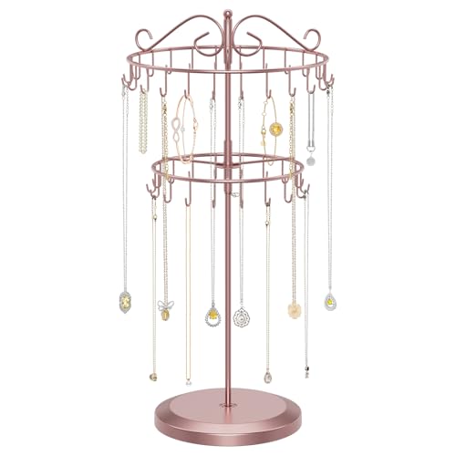 iDavosic.ly 2 Tier Rotating Necklace Holder Organizer with 42 Hooks, Adjustable Metal Bracelet Display Stand Rack, Extra Tall Keychain Spinning Tree Tower for Women, Rose Gold - color: Rose Gold