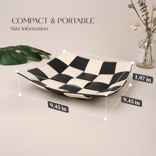 Valet Tray for Men Leather Key Tray for Entryway Table Bedside Nightstand, Desktop Organizer Catch-All for Wallet, Watch, Remote, Keys, Cell Phones, Checkerboard