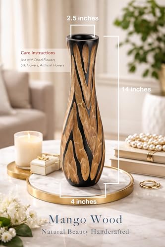 AeraVida Beautifully Hand Carved Etched Dark Brown Mango Tree Wood Vase | 14 inch | Classic Flower Vase