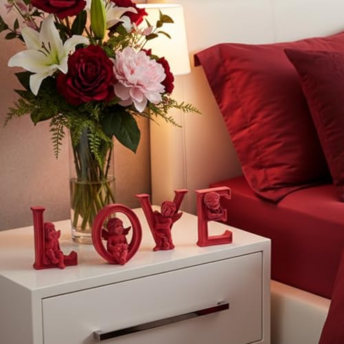 Cupid Statue Velvet Flocked Sculpture Anniversary Wedding Gifts, Cherub Angels Statue Romantic Love Figurine Modern Art Decor for Living Room, Bookshelf, Coffee Table Decor (Red) - color: Cupid-red