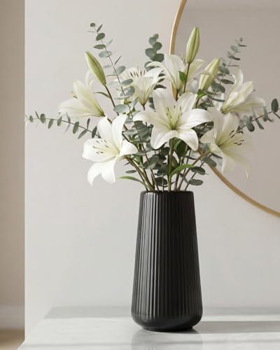 Black Ceramic Vase, 8 Inch Flower Vase for Pampas Grass, Modern Ribbed Decorative Vase with Narrow Opening for Living Room Table, Shelf Decor - color: Black01