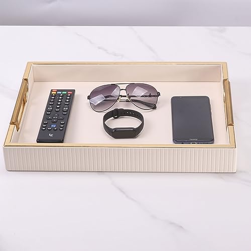 Wooden Structure Leather Decorative Tray With Brushed Champagne Gold Handle - Square Coffee Table Farmhouse Counter PU Serving Storage Tray (White) - color: White