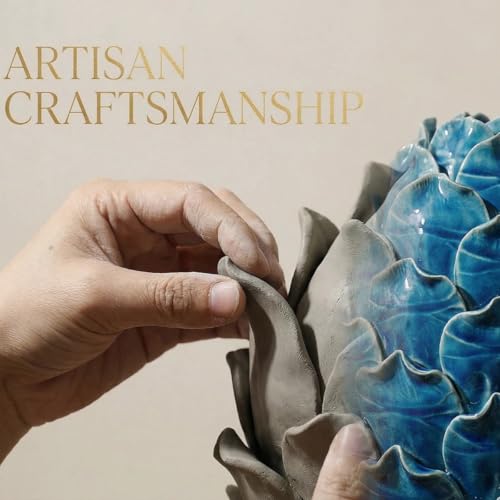 Blue Ceramic Artichoke Statue - Unique Artisanal Decorative Sculpture, Decor for Living Room, Office, Bookshelf