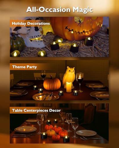 Homemory Black Tea Lights Candles Battery Operated, 200+Hour Flameless Flickering Fake Electric LED Colored Tealights Candles for Halloween, Theme Party, Wedding Table Decor, Holiday Decor, 12-Pack - color: Black, size: Pack of 12