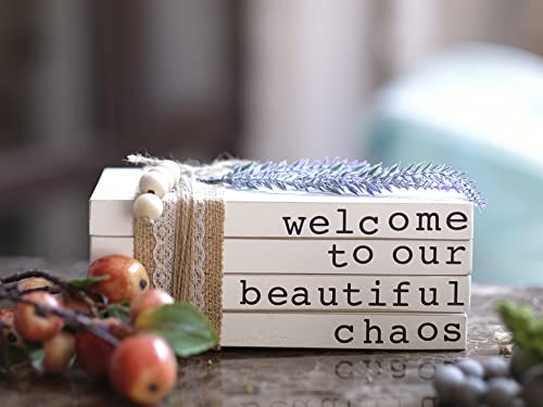 Lavender Inspired Welcome to Our Beautiful Chaos - Rustic Farmhouse Stacked Books - Set of 4 Wooden Book Bundle - Farmhouse Home Decor - Housewarming Gift - color: Welcome to Our Beautiful Chaos