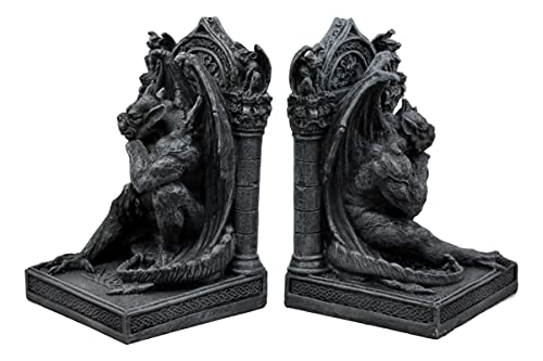 Ebros Gothic Sculptural The Thinker Gargoyle Bookends Figurine Set 6.25" H Medieval Le Penseur Resin Sculpture Gargoyles Statue Pair