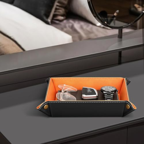 SITHON Valet Tray Desktop Storage Organizer – Premium PU Leather Catchall Bedside Vanity Tray Nightstand Caddy Holder for Remote Controller, Keys, Phone, Wallet, Coin, Jewelry (Orange) - color: Orange