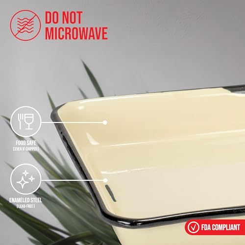 Red Co. 11 x 9 Enamelware Metal Classic 2 Quart Rectangular Serving Tray, Distressed Cream/Black Rim - color: Distressed Cream/Black Rim