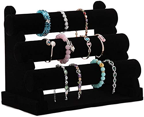 Wudygirl Bracelet Holder Velvet 3 Tier Jewelry Display Stand Storage Watch Bangle Necklace Organizer Showcase(3 Tier) - color: Black, size: L
