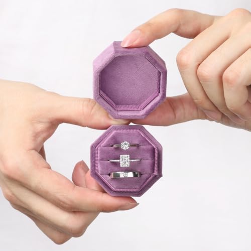 WantGor Velvet Ring Box, 3 Slots Jewelry Ring Gift Box Vintage Ring Display Holder Case for Wedding Ceremony Proposal Engagement (Purple) - color: Purple