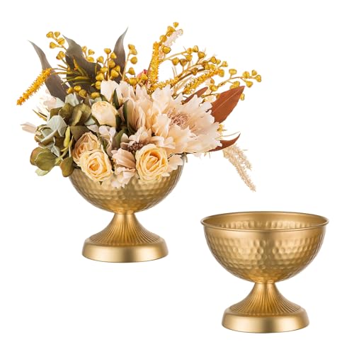 Sziqiqi Urn Vases for Wedding Centrepiece - 6in High Gold Metal Vase Set of 2 Small Vintage Flower Arrangement Pots for Table Centrepieces Elegant Hammered Vase for Christmas Anniversary Party - color: Gold, size: 5.9in - 2 Pc