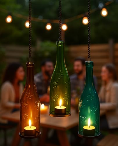 AceList 12 Pack Wrought Iron Hanging Candle Holder for Cut Glass Bottles, Fits 3.0" Diameter Bottlenecks, DIY Wine Bottle Lantern Kit for Garden, Patio, Wedding, Outdoor Decor - color: 3.0" Diameter - Black, size: Pack of 12