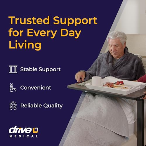 Drive Medical Overbed Table with Wheels - Secure Height Adjustment for Comfort - Non Tilt Surface - Smooth Rolling Design - Home & Hospital Use - Woodgrain Laminate Top - Silver Vein - color: Silver Vein