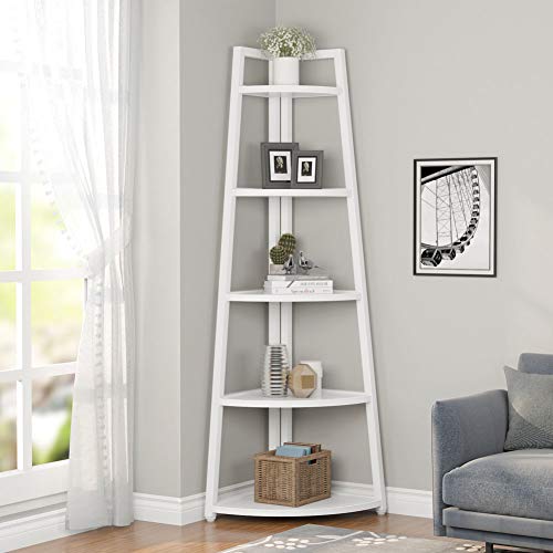 Tribesigns 70 inch Tall Corner Shelf, 5 Tier Modern Corner Bookshelf Bookcase Industrial Corner Ladder Shelf Plant Stand for Living Room, Kitchen, Home Office (White) - color: White