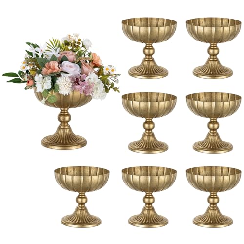 NUPTIO Gold Compote Vase for Centerpiece: 7.95" Tall Pedestal Footed Bowl for Flowers - Distressed Brass Urn for Wedding Table Decorative Set of 8 - size: 8.15"H - 8pcs