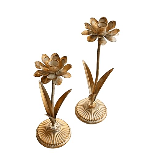 Antique Gold Metal Flower Taper Candle Holder, Rustic Farmhouse Style, Set of 2, Centerpiece Wedding Festive Christmas Mantel Decoration