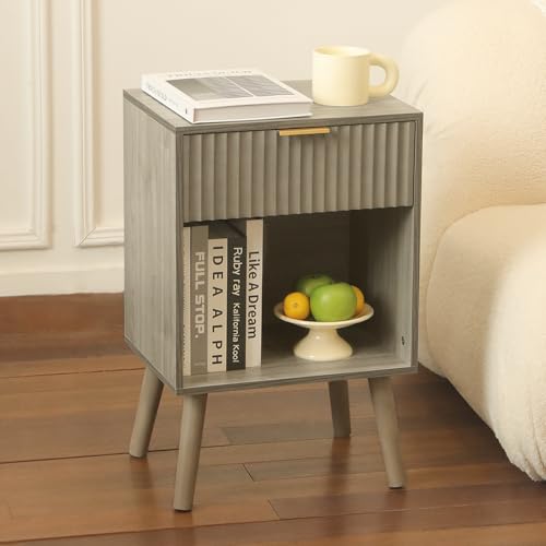 Fultyle Mid Century Modern Nightstand, Wood Bedside Table with Drawer and Opening Storage, End Table Living Room Fluted Night Stand with Solid Wood Legs for Bedroom (Grey) - color: Grey