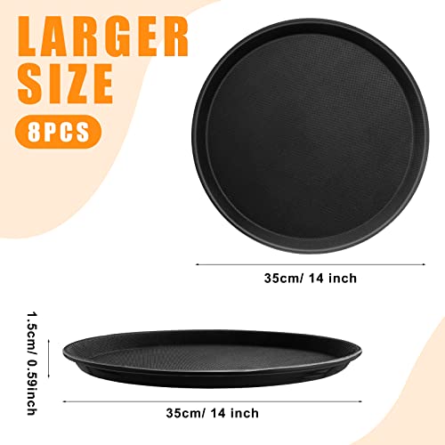 Zopeal 8 Pieces Black Round Restaurant Serving Tray, Plastic Non Slip Surface Food Meals Server Tray with Raised Edges for Home, Kitchen, Restaurant, Cafeteria, Bar (14") - size: 14"