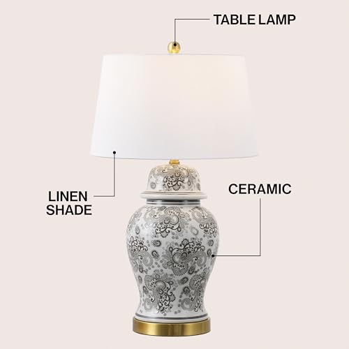 JONATHAN Y 29.5" Gray/White Ceramic Table Lamp for Living Room and Office, White Linen Drum Shade, Traditional Chinoiserie Ginger Jar Lamp, LED Bulb Included (JYL3008B) - color: Gray/White