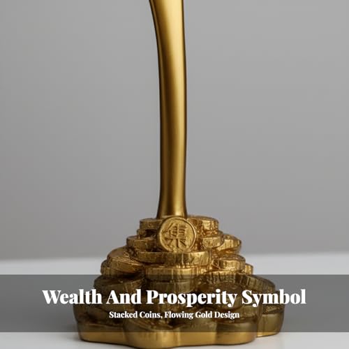 Floating Coffee Cup Mug Sculpture Pouring Spilling Coin Figurine Bedroom Gift Desk Figure Resin Statue for Cabinet Bookshelf, Golden