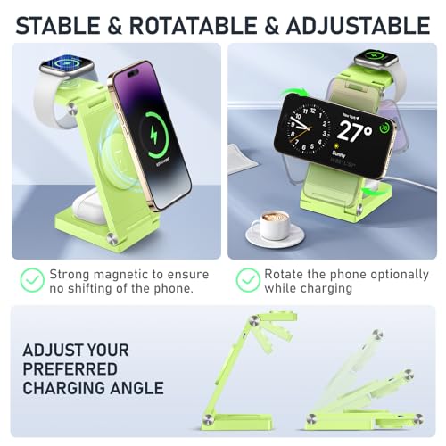 Magnetic Wireless Charger Stand, 3 in 1 Foldable Wireless Charging Station, Travel Charger for Multiple Devices for iPhone 15 14 13 12 Series, Apple Watch Ultra/SE/9/8/7/6/5/4/3/2, AirPods - color: Light Green