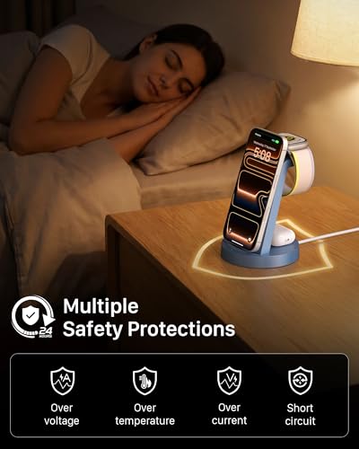 Anlzm 3 in 1 Charging Station for iPhone, Wireless Charger for iPhone 17 16e 16 15 14 13 12 11 X Pro Max & Apple Watch - Charging Stand Dock for AirPods (Blue) - color: Blue