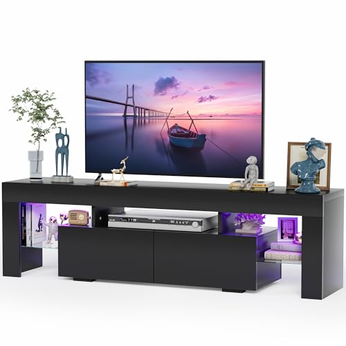 JUMMICO TV Stand, Modern Lighting TV Cabinet Entertainment Center Media and Open Shelf, TV Console Table with 1 Drawer and Remote Control, 20 Color LED Lights up to 70 Inch TV (Black) - color: Black, size: 60 Inches